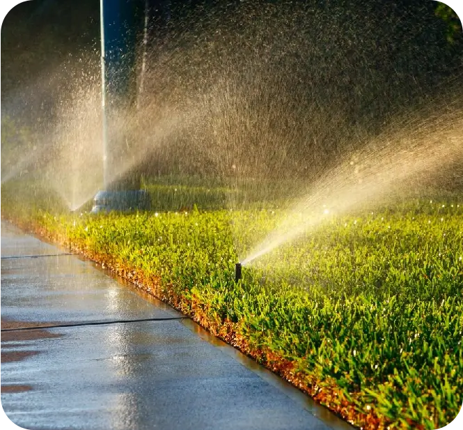 A couple of water sprinklers spraying on grass.